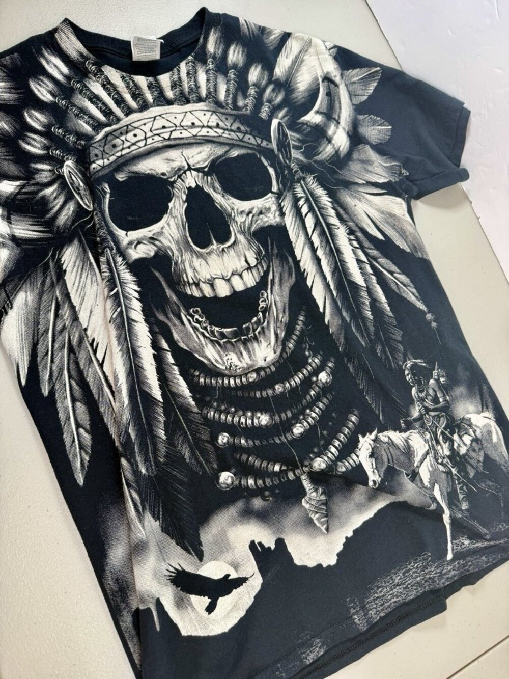 Native American Skull Indian Chief All Over Print T Shirt Black Men's Medium Y2K